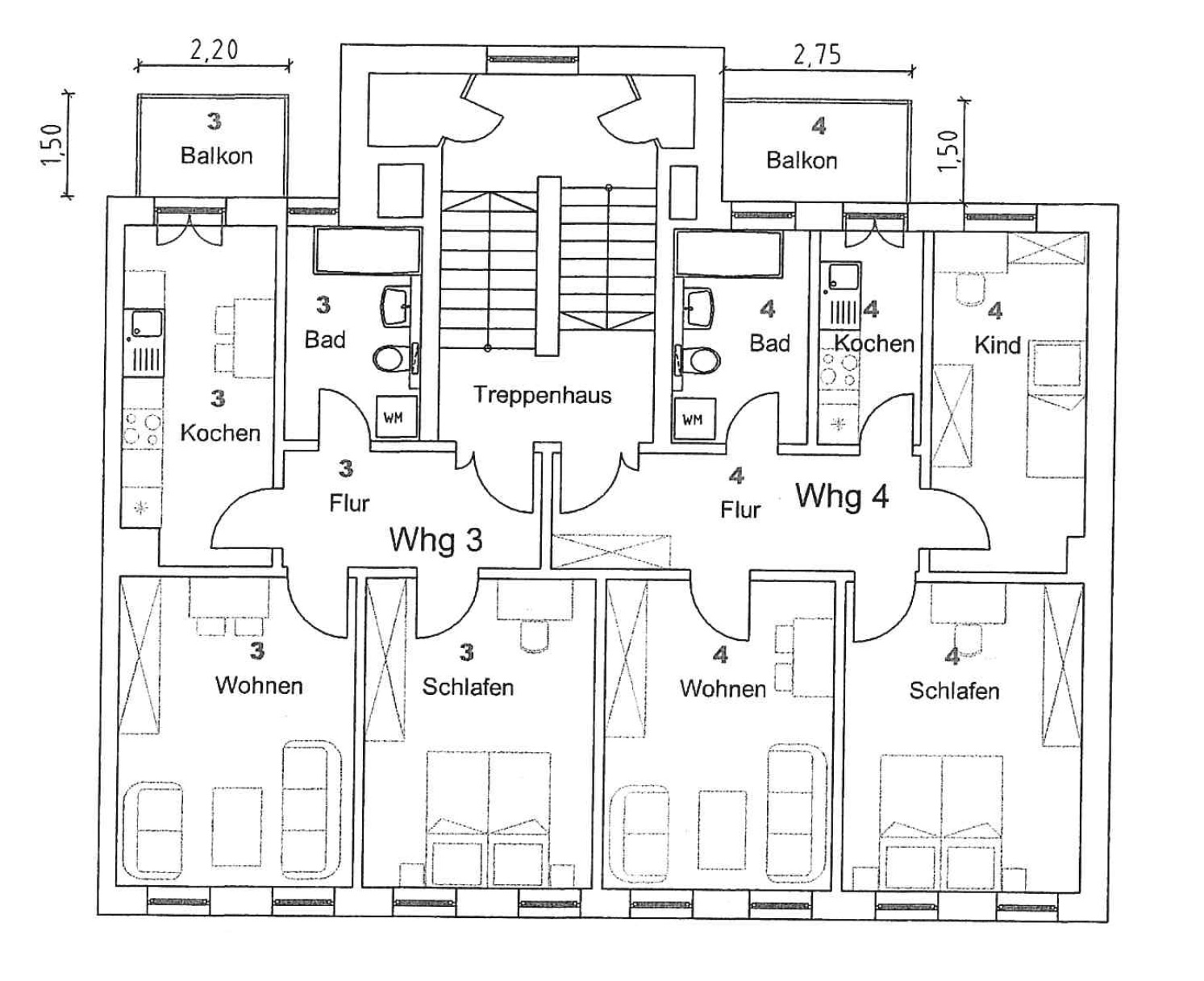 Grundriss 1.Obergeschoß IST_WE 3+4