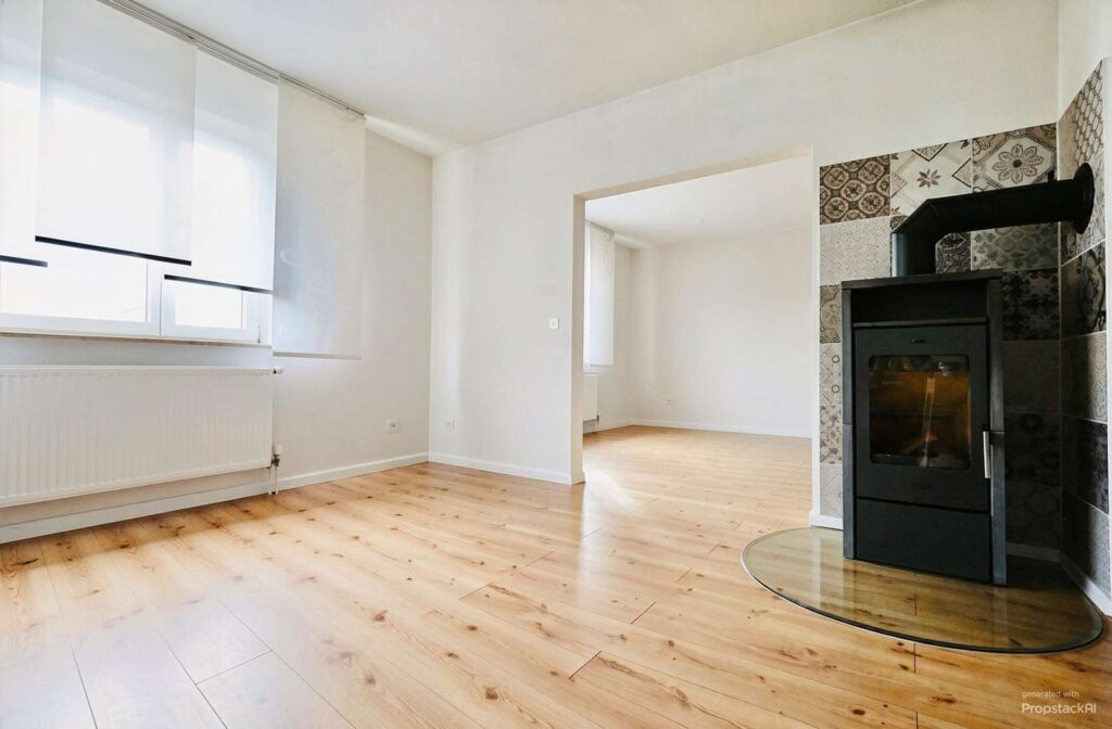 Heller Wohn-/Essbereich mit Kamin (mittels KI entmöbliert).